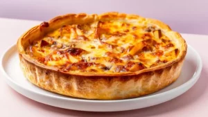 Quiche de frango com bacon dourada, cremosa e decorada com tomates-cereja, ideal para ceia de Natal.