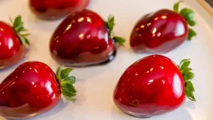Morangos do Amor cobertos com calda vermelha brilhante no palito, dispostos em uma tábua de madeira.