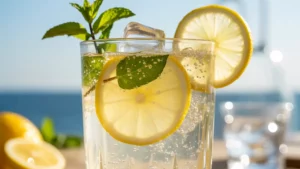 Copo alto de lemonade sparkling com gelo, limão e hortelã em fundo iluminado de verão.