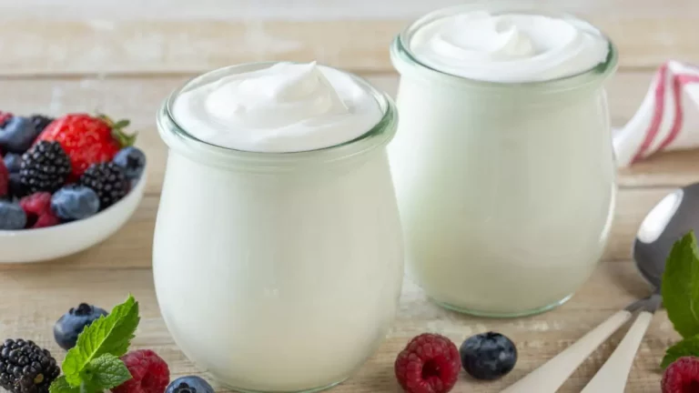 Pote de iogurte caseiro cremoso decorado com frutas frescas e mel sobre mesa rústica.