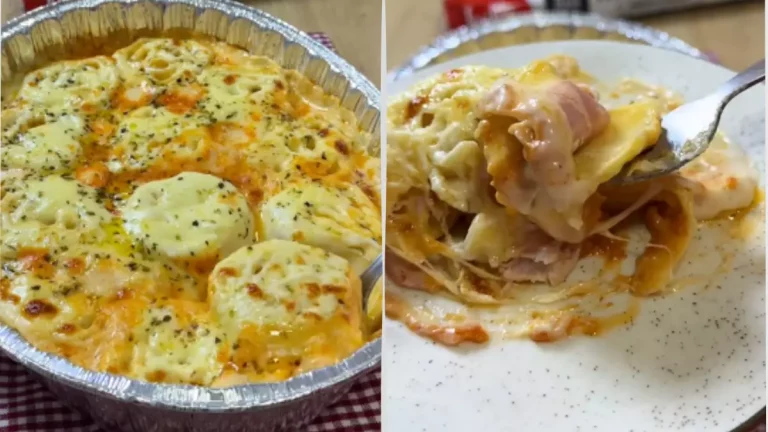 Rondelli de presunto e queijo com molho branco e molho vermelho gratinado