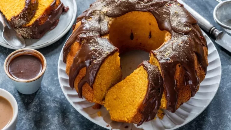Bolo de cenoura fofinho com cobertura cremosa de chocolate escorrendo por cima.