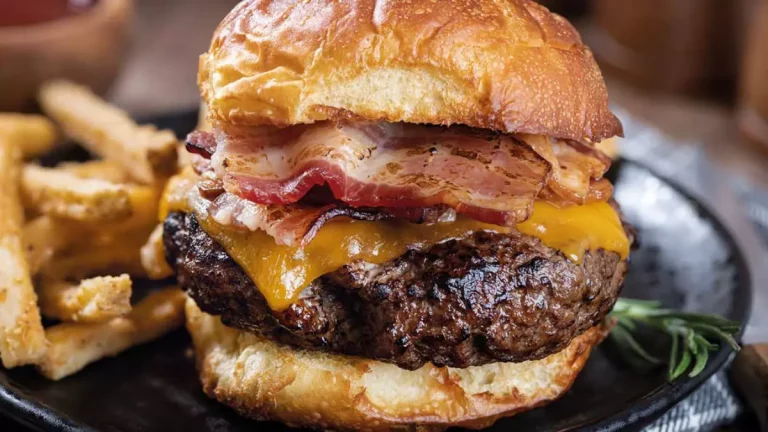 Hambúrguer caseiro grelhando na chapa com crosta dourada e sucos aparentes.