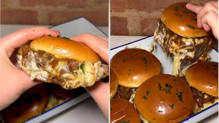 Lanchão de travessa com carne suculenta, cebola caramelizada e queijo derretido no pão brioche