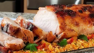 Lombo de porco assado dourado e fatiado servido com ervas e caldo da assadeira