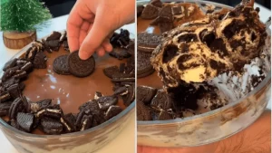 Pavê de Oreo cremoso em travessa com camadas de creme, bolacha e ganache de chocolate
