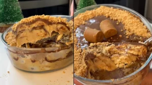 Pavê de paçoca com chocolate cremoso servido em travessa de vidro